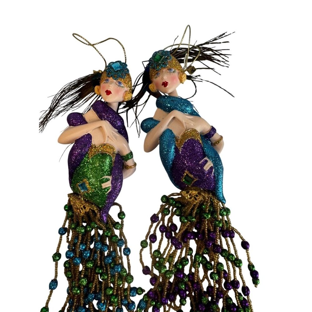 Mardi Gras Porcelain Mermaid Ornaments Set of 2 Beaded Fringe Purple Green Gold - Picture 4 of 6